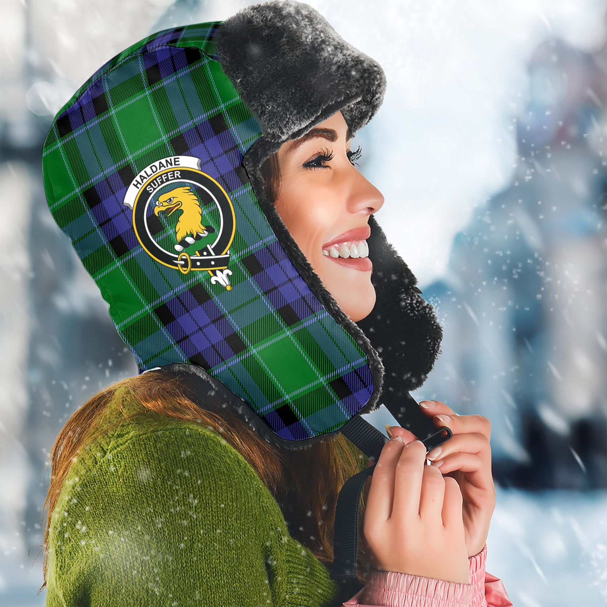 Haldane Tartan Winter Trapper Hat with Family Crest Winter Trapper Hat Universal Fit Circumference 22.8in (58cm) - Tartan Vibes Clothing