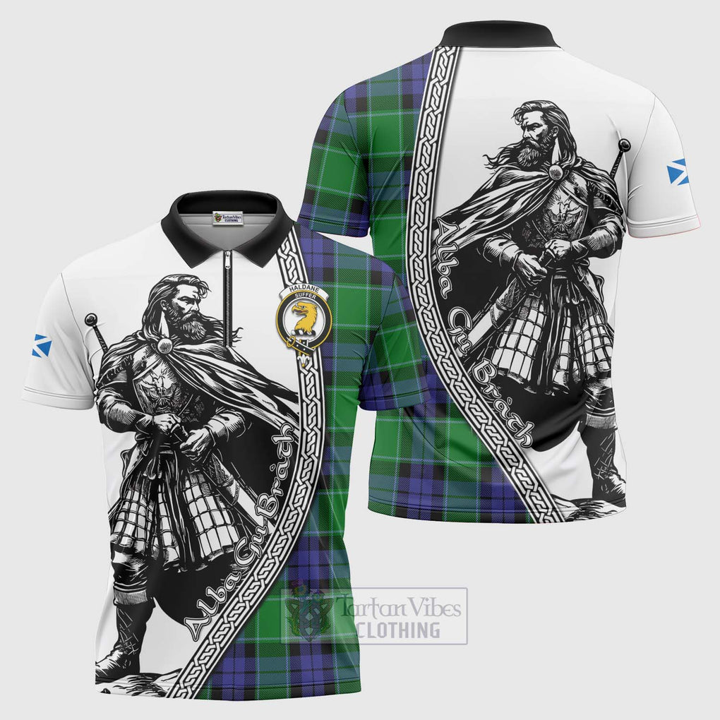 Haldane Tartan Clan Crest Zipper Polo Shirt with Highlander Warrior Celtic Style Unisex - Tartan Vibes Clothing