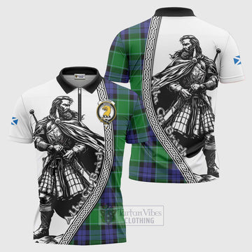 Haldane Tartan Clan Crest Zipper Polo Shirt with Highlander Warrior Celtic Style Unisex - Tartan Vibes Clothing