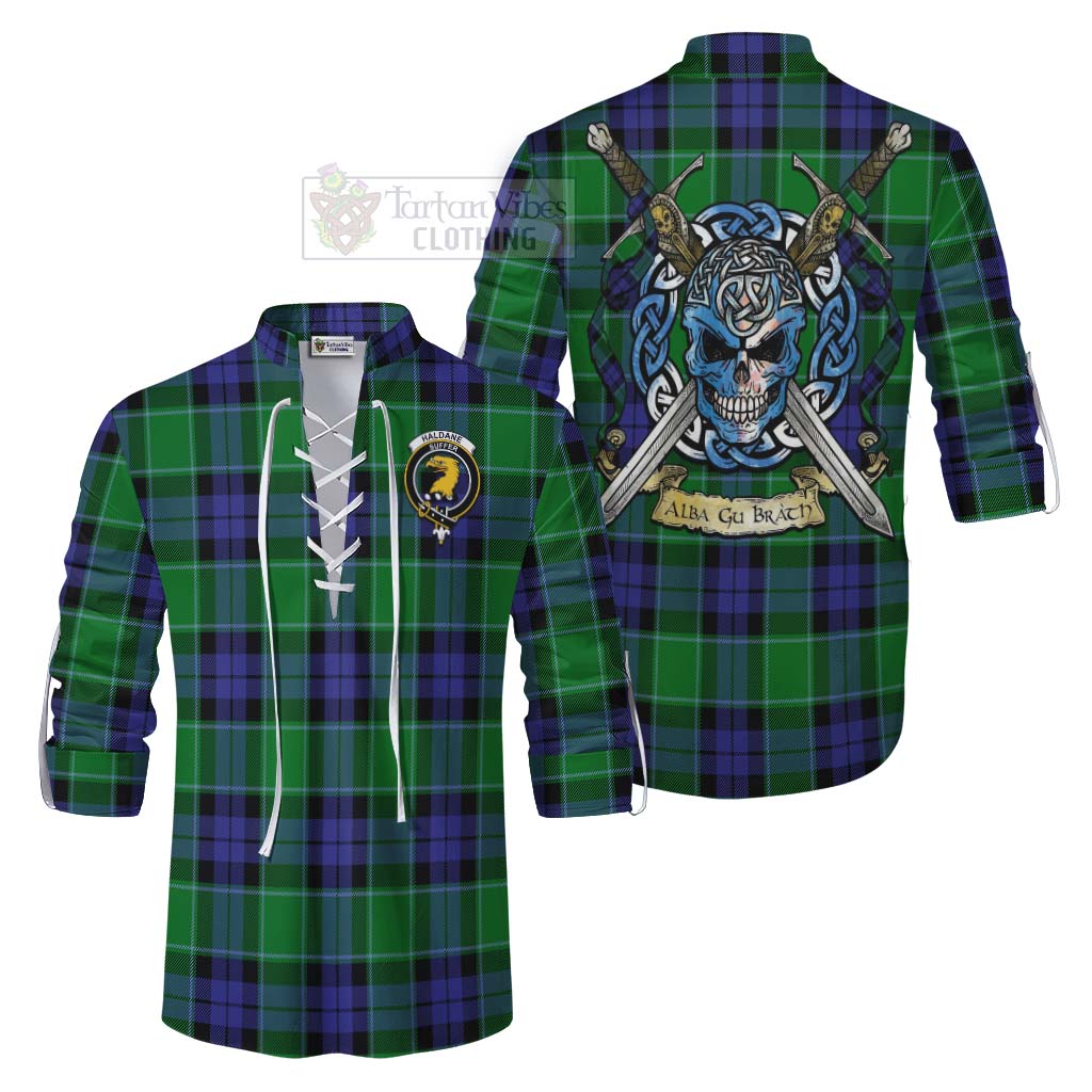 Haldane Tartan Ghillie Kilt Shirt with Family Crest Celtic Skull Style Men - Tartan Vibes Clothing