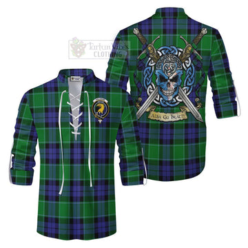 Haldane Tartan Ghillie Kilt Shirt with Family Crest Celtic Skull Style Men - Tartan Vibes Clothing