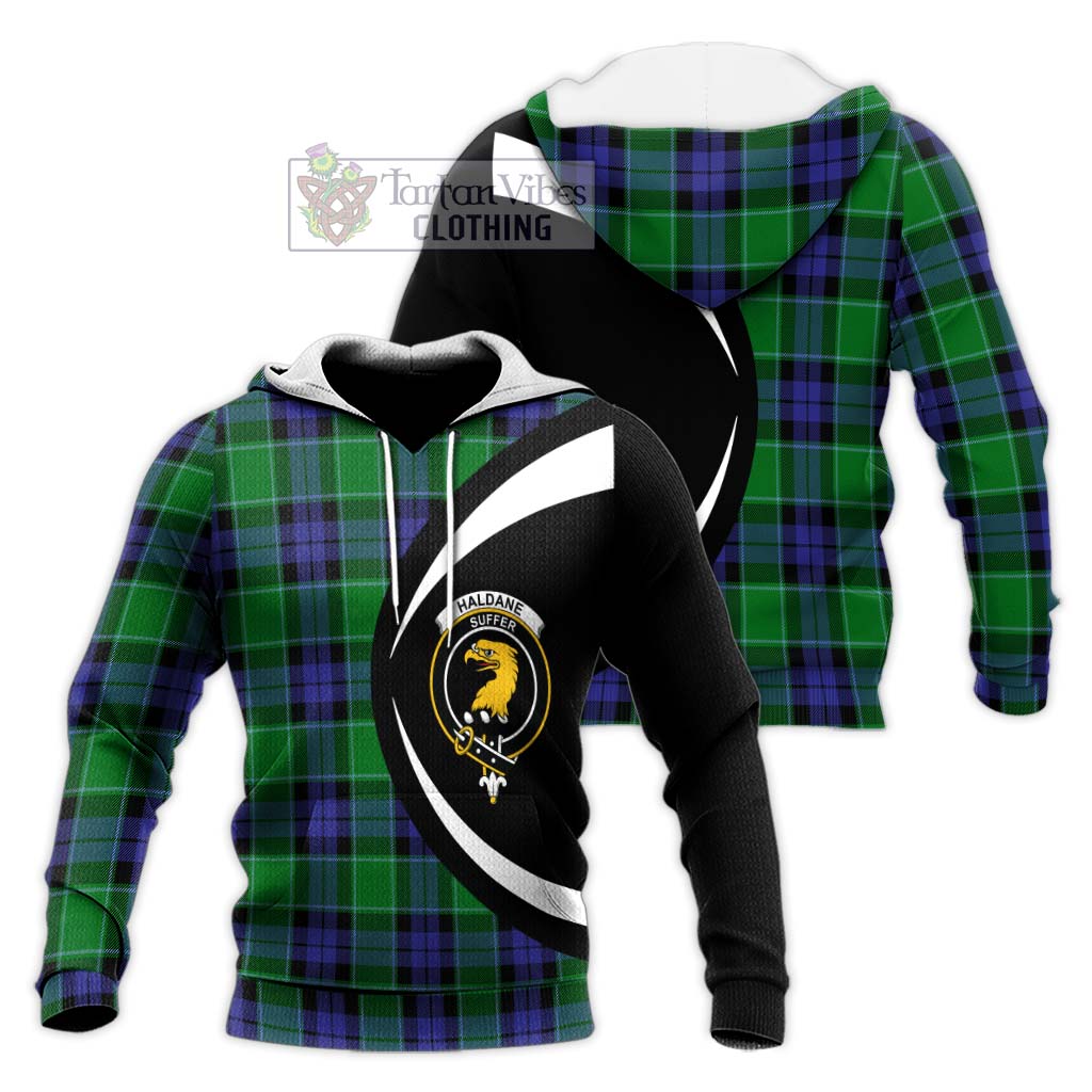 Haldane Tartan Knitted Hoodie with Family Crest Circle Style Unisex Knitted Pullover Hoodie - Tartan Vibes Clothing