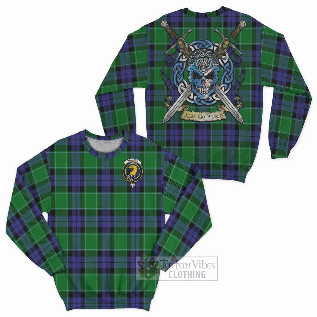Haldane Tartan Sweatshirt with Family Crest Celtic Skull Style Unisex - Tartan Vibes Clothing