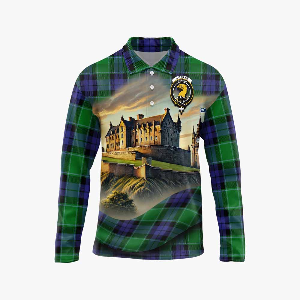 Haldane Tartan Family Crest Long Sleeve Polo Shirt with Scottish Ancient Castle Style Unisex - Tartan Vibes Clothing