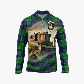 Haldane Tartan Family Crest Long Sleeve Polo Shirt with Scottish Ancient Castle Style Unisex - Tartan Vibes Clothing