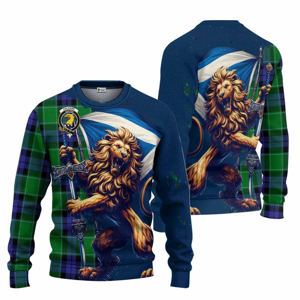 Haldane Tartan Family Crest Knitted Sweater with Scottish Majestic Lion Unisex - Tartan Vibes Clothing