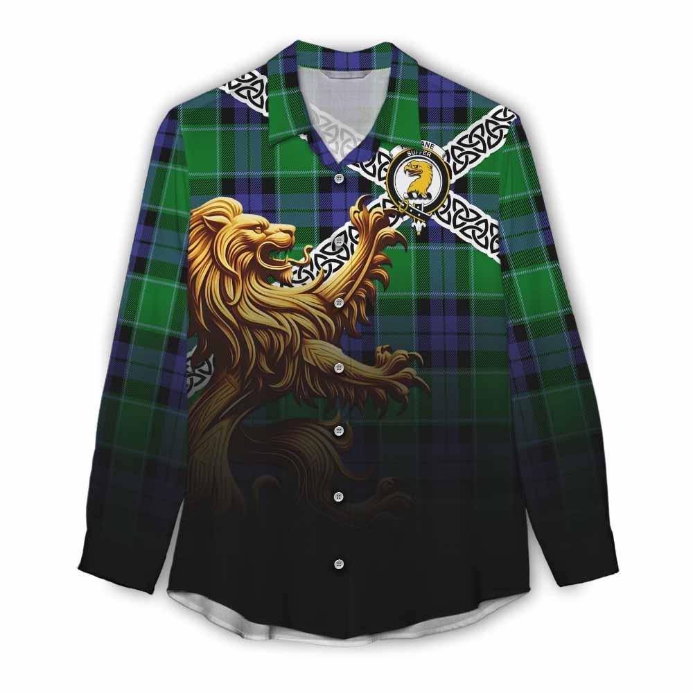 Haldane Crest Tartan Women's Casual Shirt with Golden Lion Emblem Celtic Style Female - Tartan Vibes Clothing