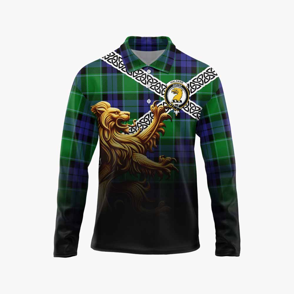 Haldane Crest Tartan Long Sleeve Polo Shirt with Golden Lion Emblem Celtic Style Unisex - Tartan Vibes Clothing