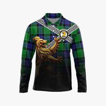 Haldane Crest Tartan Long Sleeve Polo Shirt with Golden Lion Emblem Celtic Style Unisex - Tartan Vibes Clothing