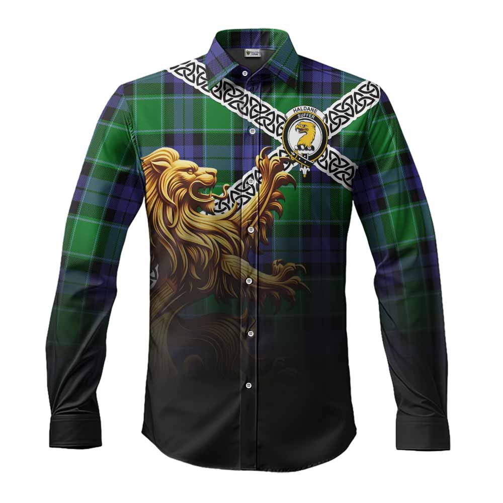 Haldane Crest Tartan Long Sleeve Button Shirt with Golden Lion Emblem Celtic Style Men's Shirt S - Tartan Vibes Clothing