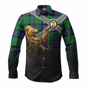 Haldane Crest Tartan Long Sleeve Button Shirt with Golden Lion Emblem Celtic Style Men's Shirt S - Tartan Vibes Clothing