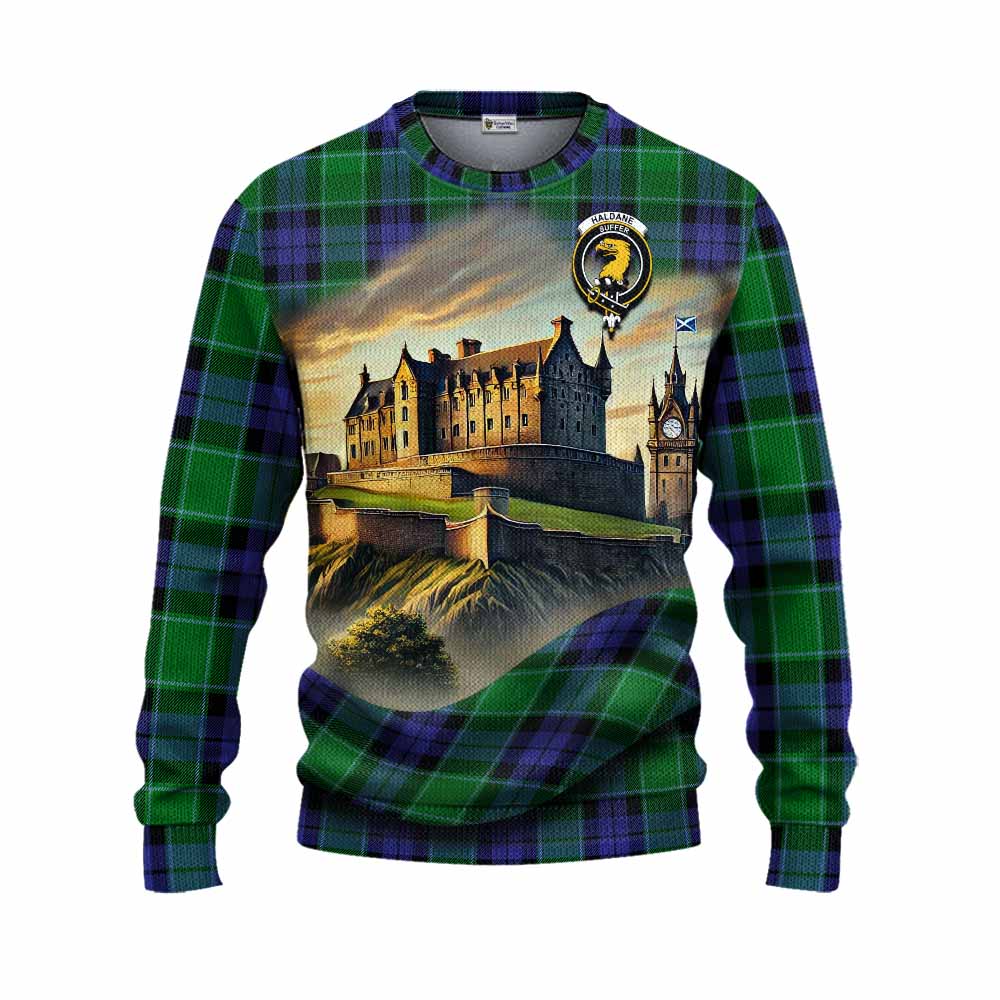 Haldane Tartan Family Crest Knitted Sweater with Scottish Ancient Castle Style Unisex - Tartan Vibes Clothing
