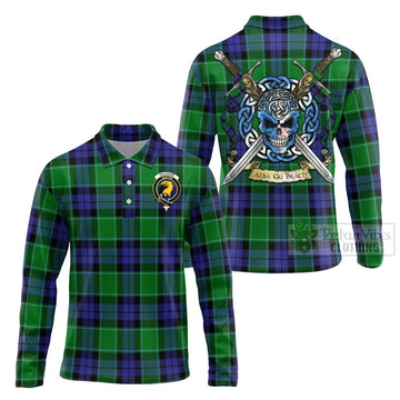 Haldane Tartan Long Sleeve Polo Shirt with Family Crest Celtic Skull Style Unisex - Tartan Vibes Clothing