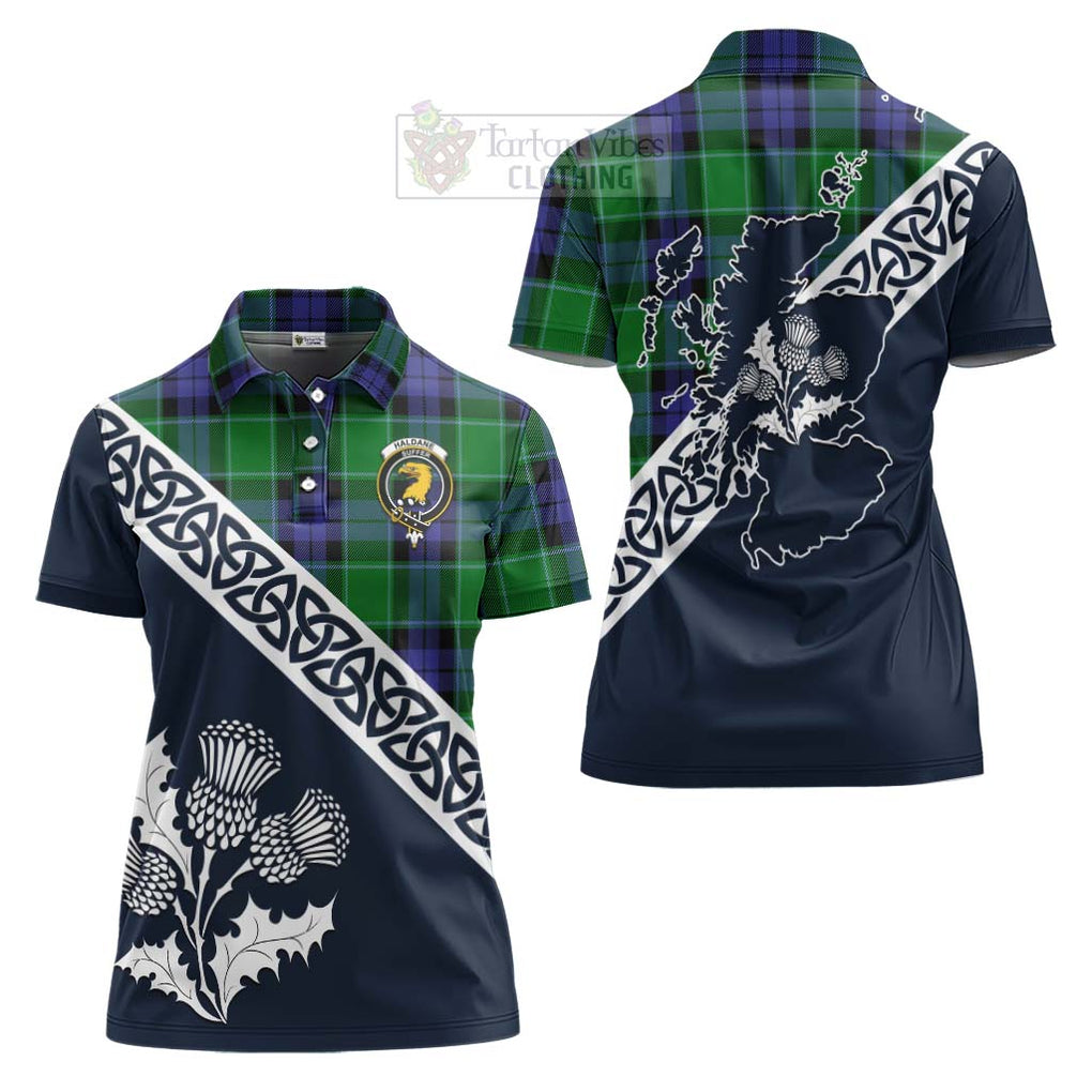 Haldane Tartan Women's Polo Shirt Featuring Thistle and Scotland Map Women - Tartanvibesclothing Store