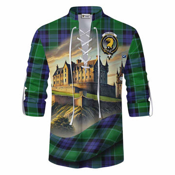 Haldane Tartan Family Crest Ghillie Kilt Shirt with Scottish Ancient Castle Style Men - Tartan Vibes Clothing