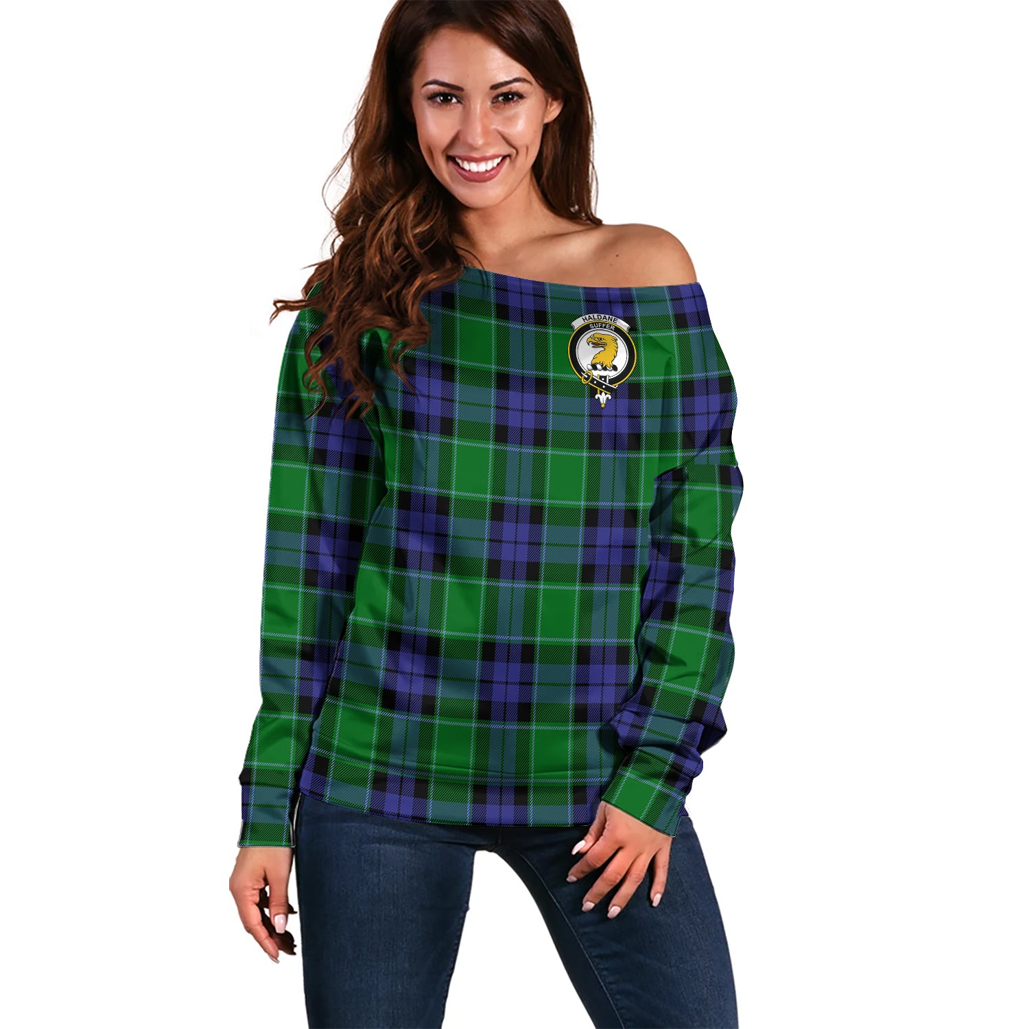 Haldane Tartan Off Shoulder Women Sweater with Family Crest Women - Tartan Vibes Clothing