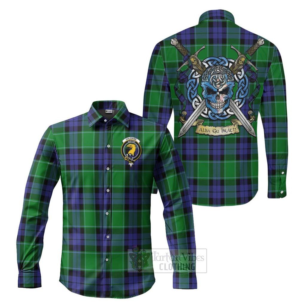 Haldane Tartan Long Sleeve Button Shirt with Family Crest Celtic Skull Style Men's Shirt S - Tartan Vibes Clothing