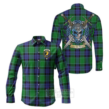 Haldane Tartan Long Sleeve Button Shirt with Family Crest Celtic Skull Style Men's Shirt S - Tartan Vibes Clothing