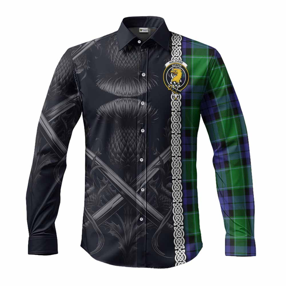 Tartan Vibes Clothing Haldane Tartan Long Sleeve Button Shirt with Family Crest Cross Sword Thistle Celtic Vibes