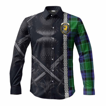 Tartan Vibes Clothing Haldane Tartan Long Sleeve Button Shirt with Family Crest Cross Sword Thistle Celtic Vibes