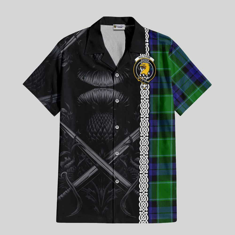 Haldane Tartan Hawaiian Shirt with Family Crest Cross Sword Thistle Celtic Vibes Kid - Tartan Vibes Clothing