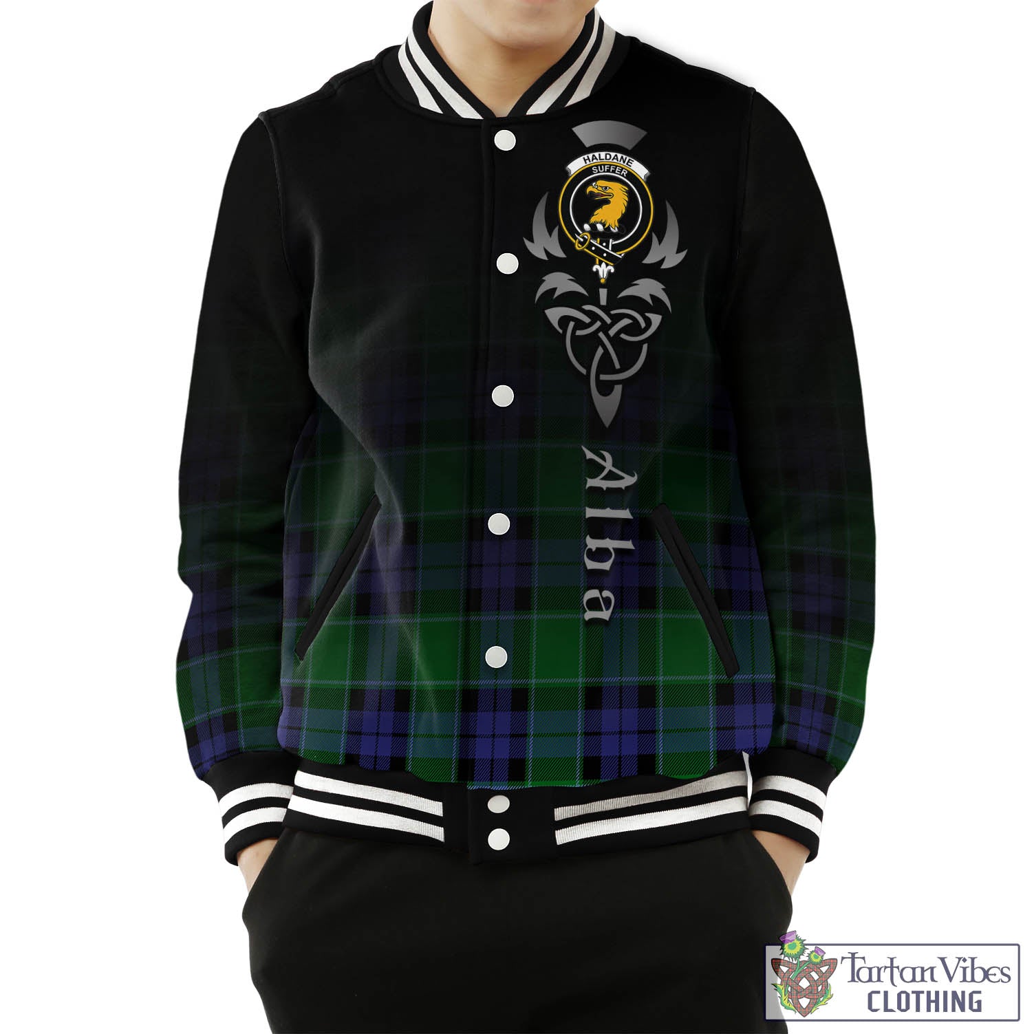 Haldane Tartan Baseball Jacket Featuring Alba Gu Brath Family Crest Celtic Inspired Unisex - Tartan Vibes Clothing