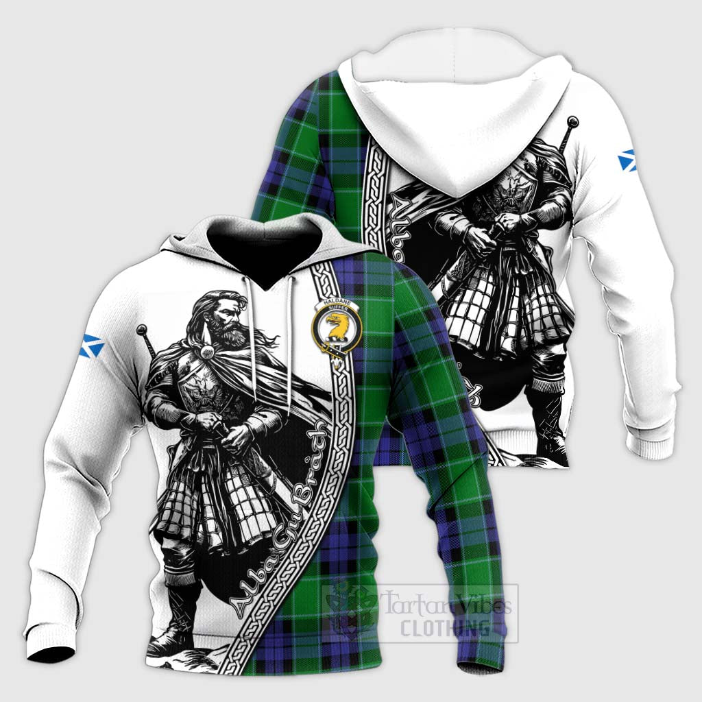 Haldane Tartan Clan Crest Knitted Hoodie with Highlander Warrior Celtic Style Unisex Knitted Pullover Hoodie - Tartan Vibes Clothing