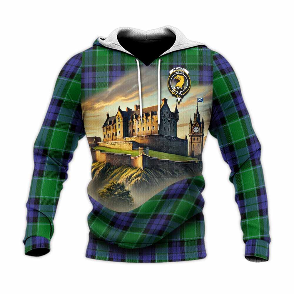 Haldane Tartan Family Crest Knitted Hoodie with Scottish Ancient Castle Style Unisex Knitted Pullover Hoodie - Tartan Vibes Clothing