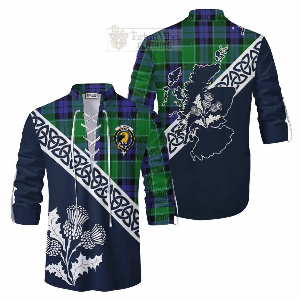 Haldane Tartan Ghillie Kilt Shirt Featuring Thistle and Scotland Map Men - Tartan Vibes Clothing