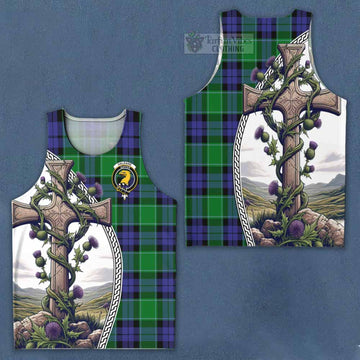 Haldane Tartan Men's Tank Top with Family Crest and St. Andrew's Cross Accented by Thistle Vines Men - Tartan Vibes Clothing