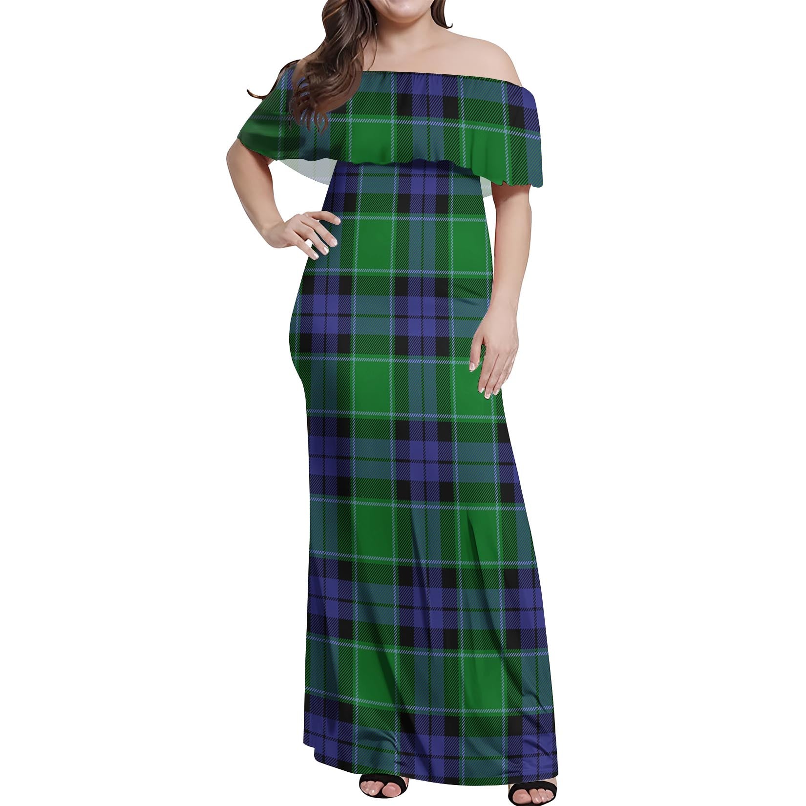 Haldane Tartan Off Shoulder Long Dress Women's Dress - Tartan Vibes Clothing