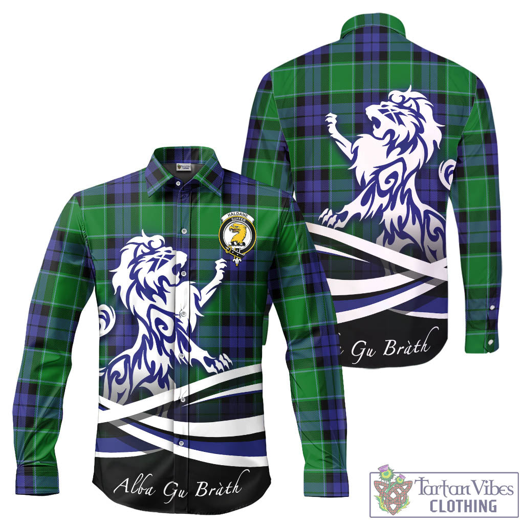 Haldane Tartan Long Sleeve Button Up Shirt with Alba Gu Brath Regal Lion Emblem - Tartan Vibes Clothing