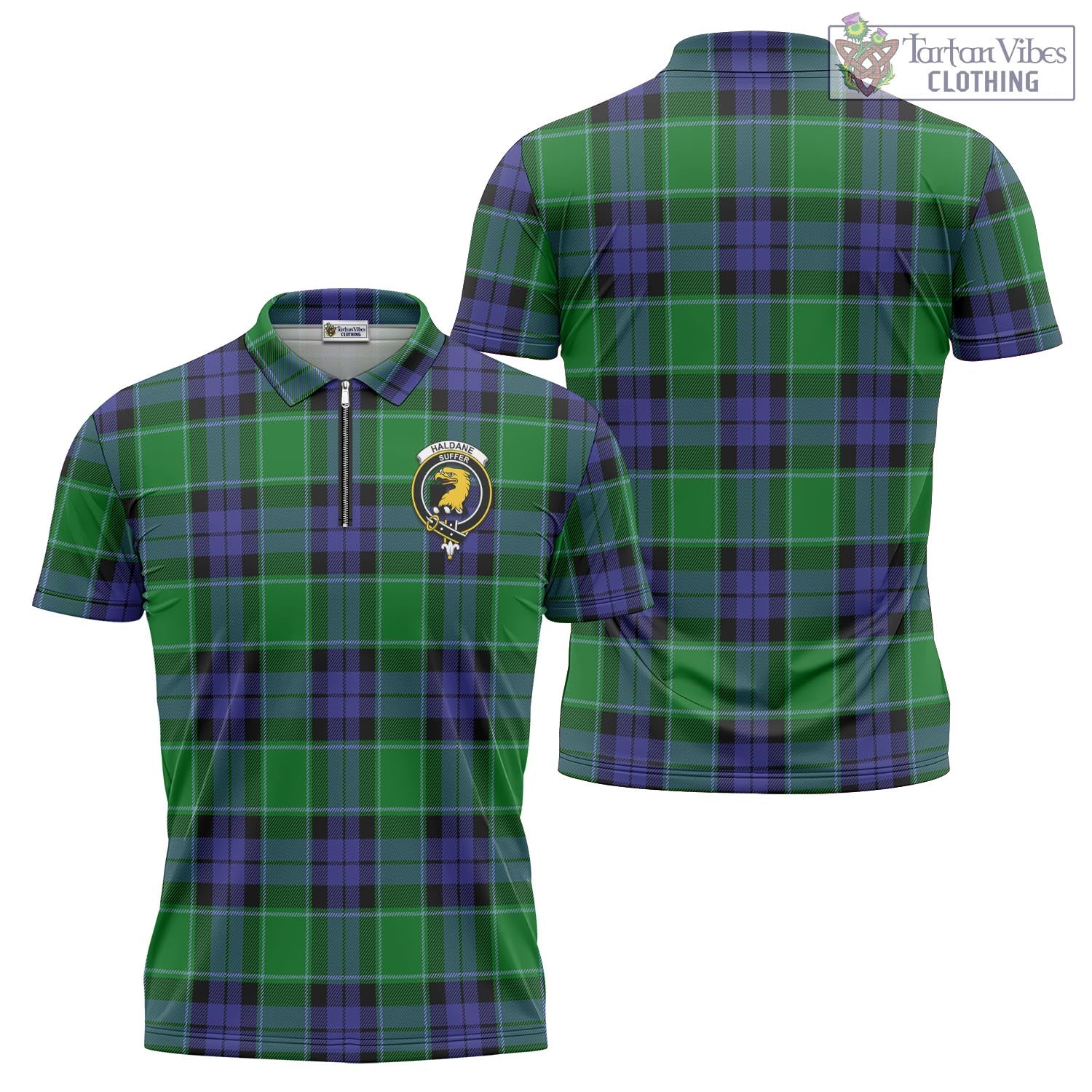 Haldane Tartan Zipper Polo Shirt with Family Crest - Tartan Vibes Clothing