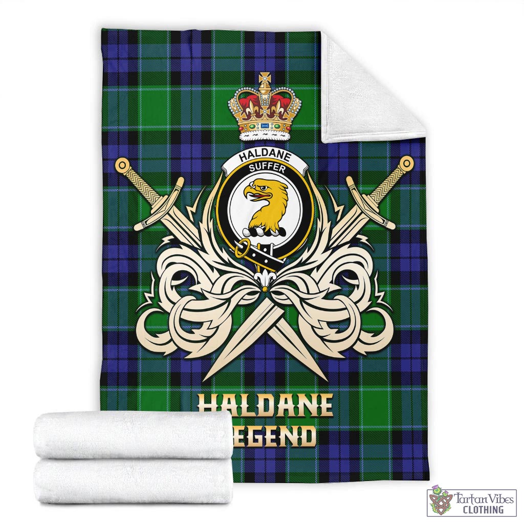 Tartan Vibes Clothing Haldane Tartan Blanket with Clan Crest and the Golden Sword of Courageous Legacy