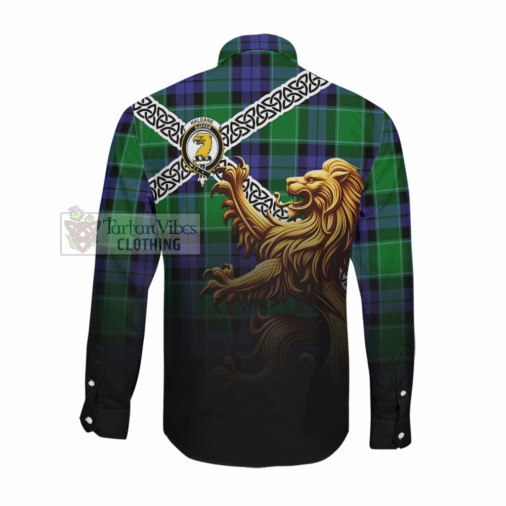 Haldane Crest Tartan Long Sleeve Button Shirt with Golden Lion Emblem Celtic Style Men's Shirt - Tartan Vibes Clothing