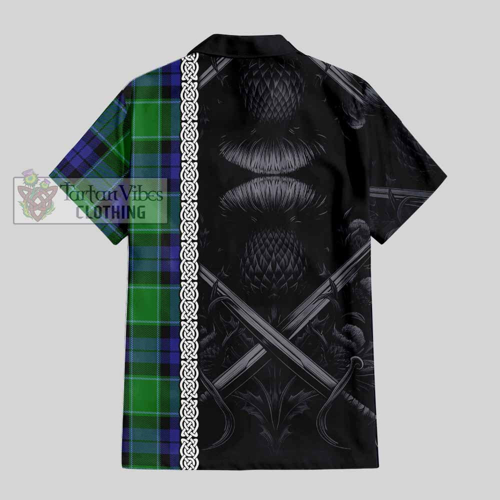 Haldane Tartan Hawaiian Shirt with Family Crest Cross Sword Thistle Celtic Vibes - Tartan Vibes Clothing