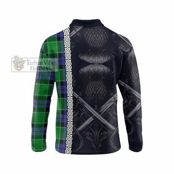 Haldane Tartan Long Sleeve Polo Shirt with Family Crest Cross Sword Thistle Celtic Vibes - Tartan Vibes Clothing