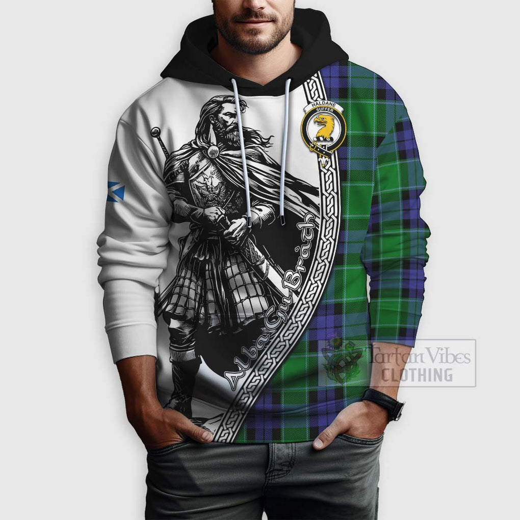 Haldane Tartan Clan Crest Hoodie with Highlander Warrior Celtic Style - Tartan Vibes Clothing