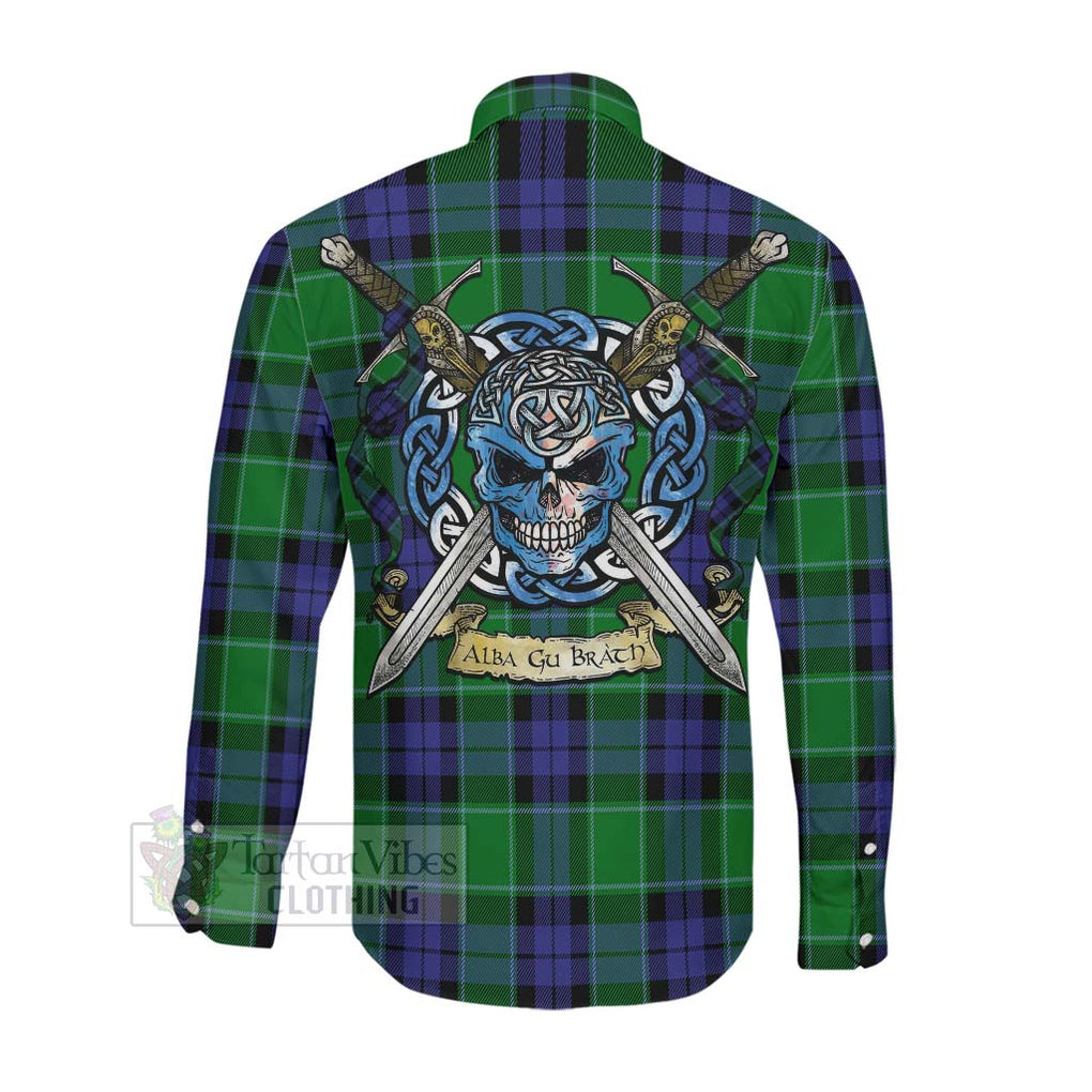 Haldane Tartan Long Sleeve Button Shirt with Family Crest Celtic Skull Style Men's Shirt - Tartan Vibes Clothing