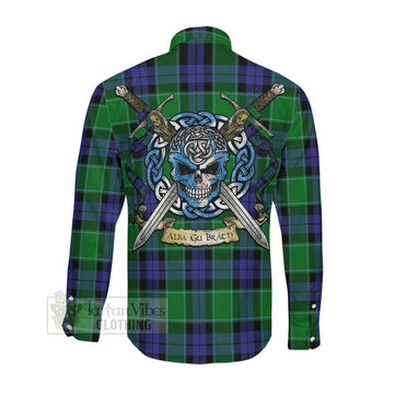 Haldane Tartan Long Sleeve Button Shirt with Family Crest Celtic Skull Style Men's Shirt - Tartan Vibes Clothing