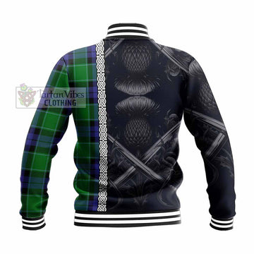 Haldane Tartan Baseball Jacket with Family Crest Cross Sword Thistle Celtic Vibes - Tartan Vibes Clothing