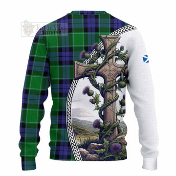 Haldane Tartan Knitted Sweater with Family Crest and St. Andrew's Cross Accented by Thistle Vines - Tartan Vibes Clothing