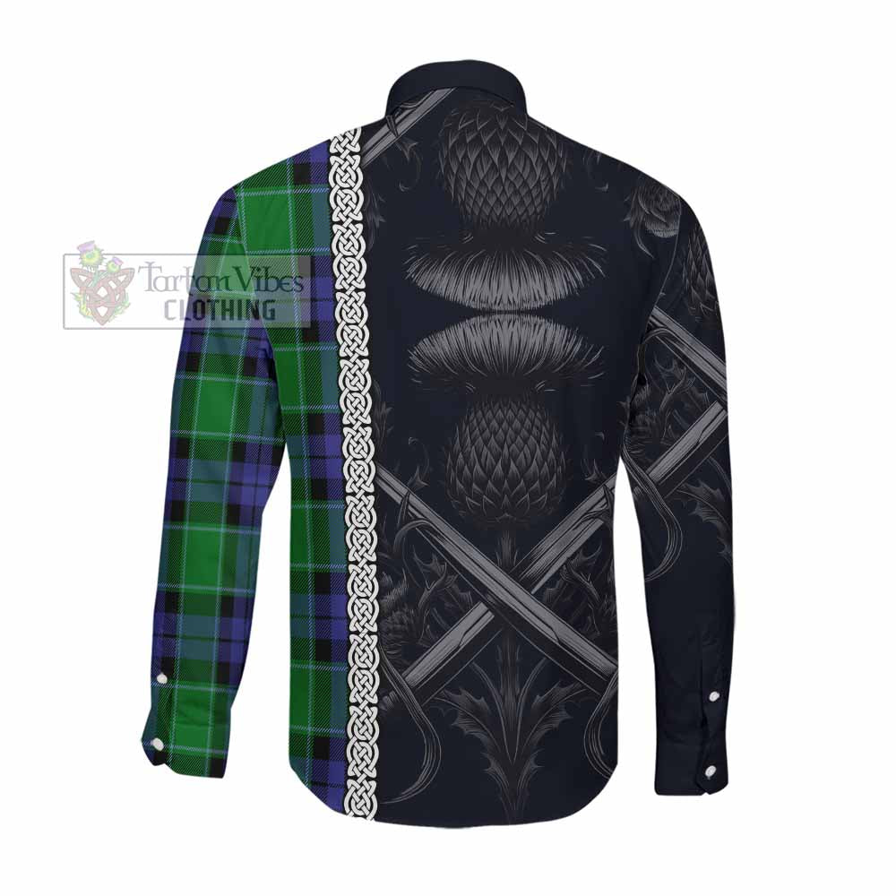 Tartan Vibes Clothing Haldane Tartan Long Sleeve Button Shirt with Family Crest Cross Sword Thistle Celtic Vibes