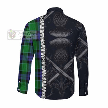 Tartan Vibes Clothing Haldane Tartan Long Sleeve Button Shirt with Family Crest Cross Sword Thistle Celtic Vibes