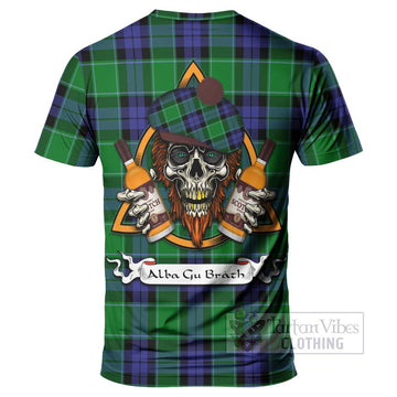 Haldane Tartan T-Shirt with Family Crest and Bearded Skull Holding Bottles of Whiskey - Tartan Vibes Clothing
