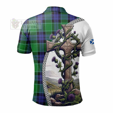Haldane Tartan Polo Shirt with Family Crest and St. Andrew's Cross Accented by Thistle Vines - Tartan Vibes Clothing
