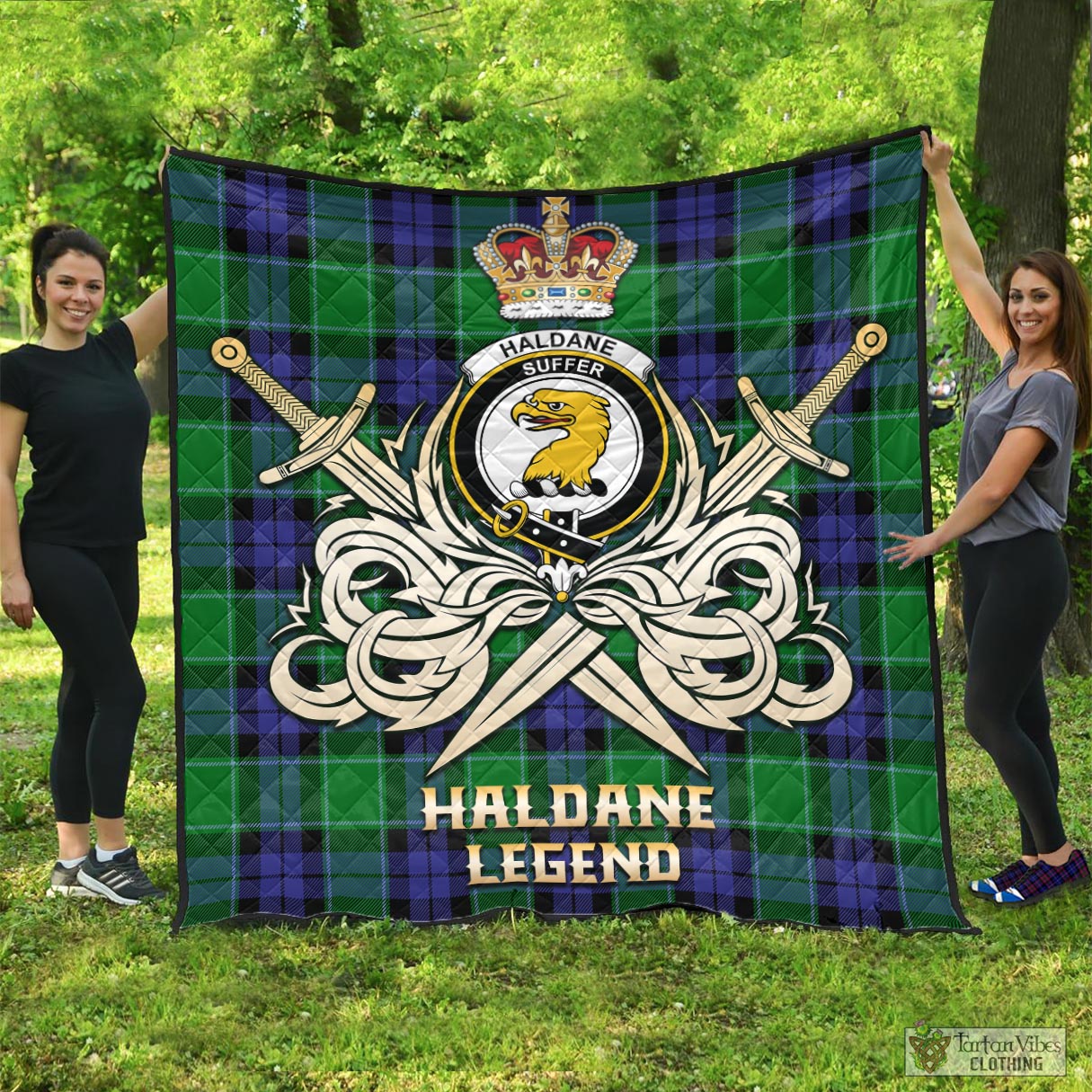 Tartan Vibes Clothing Haldane Tartan Quilt with Clan Crest and the Golden Sword of Courageous Legacy