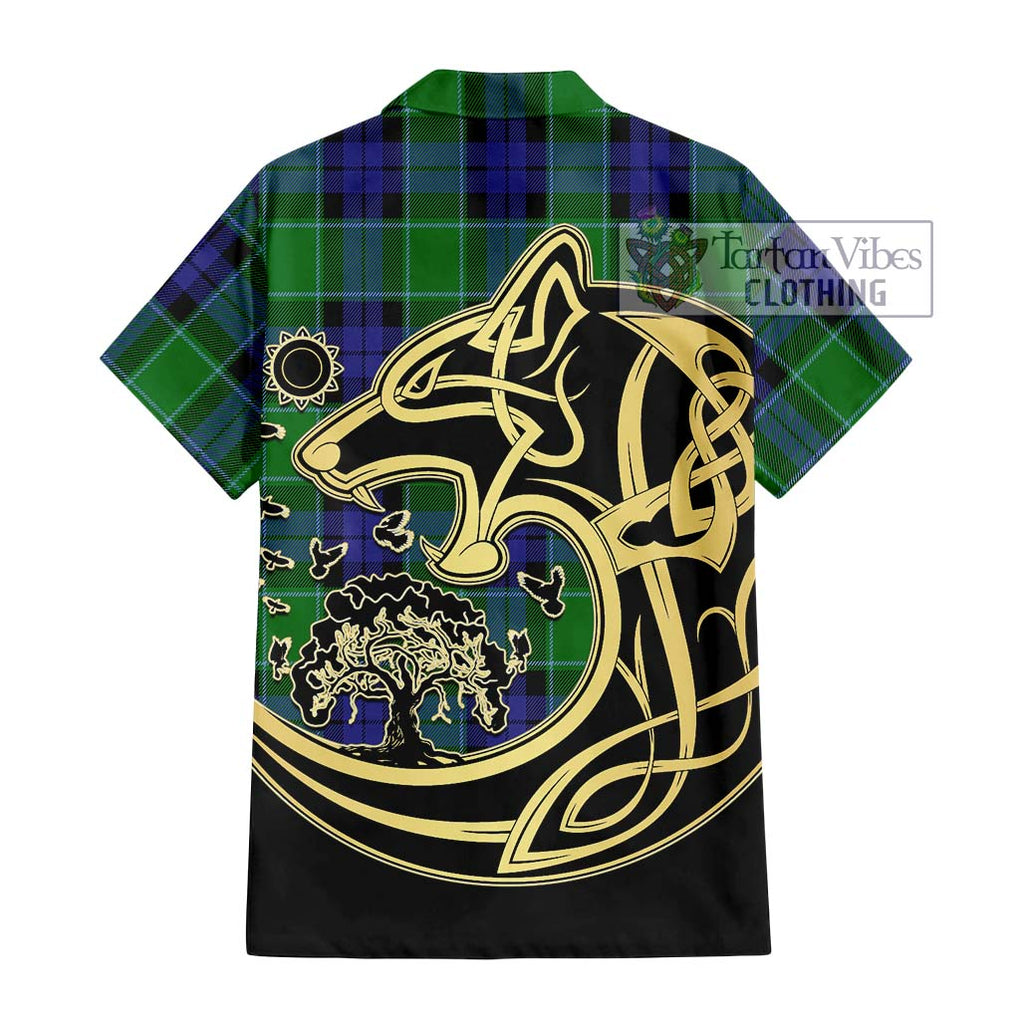 Haldane Tartan Hawaiian Shirt with Family Crest Celtic Wolf Style - Tartan Vibes Clothing