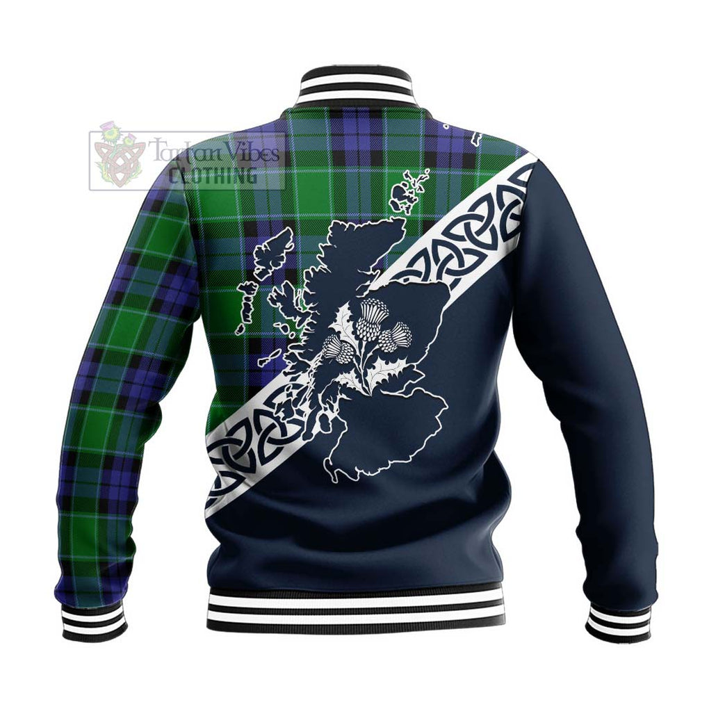 Haldane Tartan Baseball Jacket Featuring Thistle and Scotland Map - Tartan Vibes Clothing
