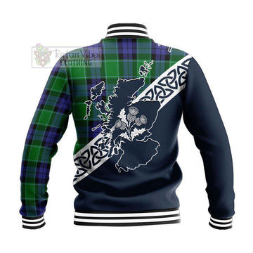 Haldane Tartan Baseball Jacket Featuring Thistle and Scotland Map - Tartan Vibes Clothing